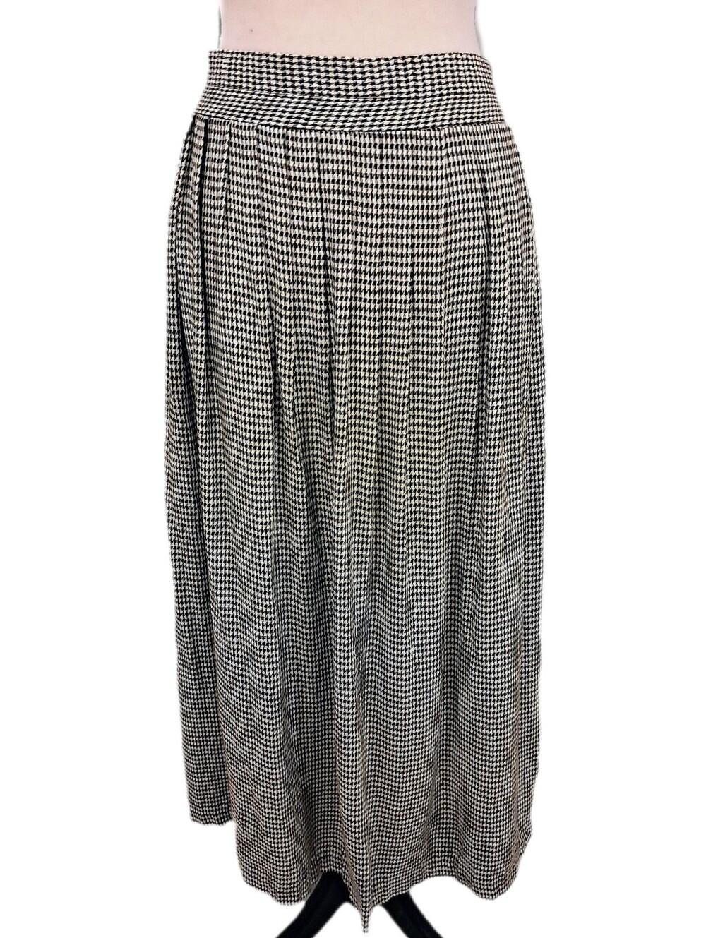 Vtg Maren Houndstooth Maxi Skirt Black White Pleated Lightweight Academia M